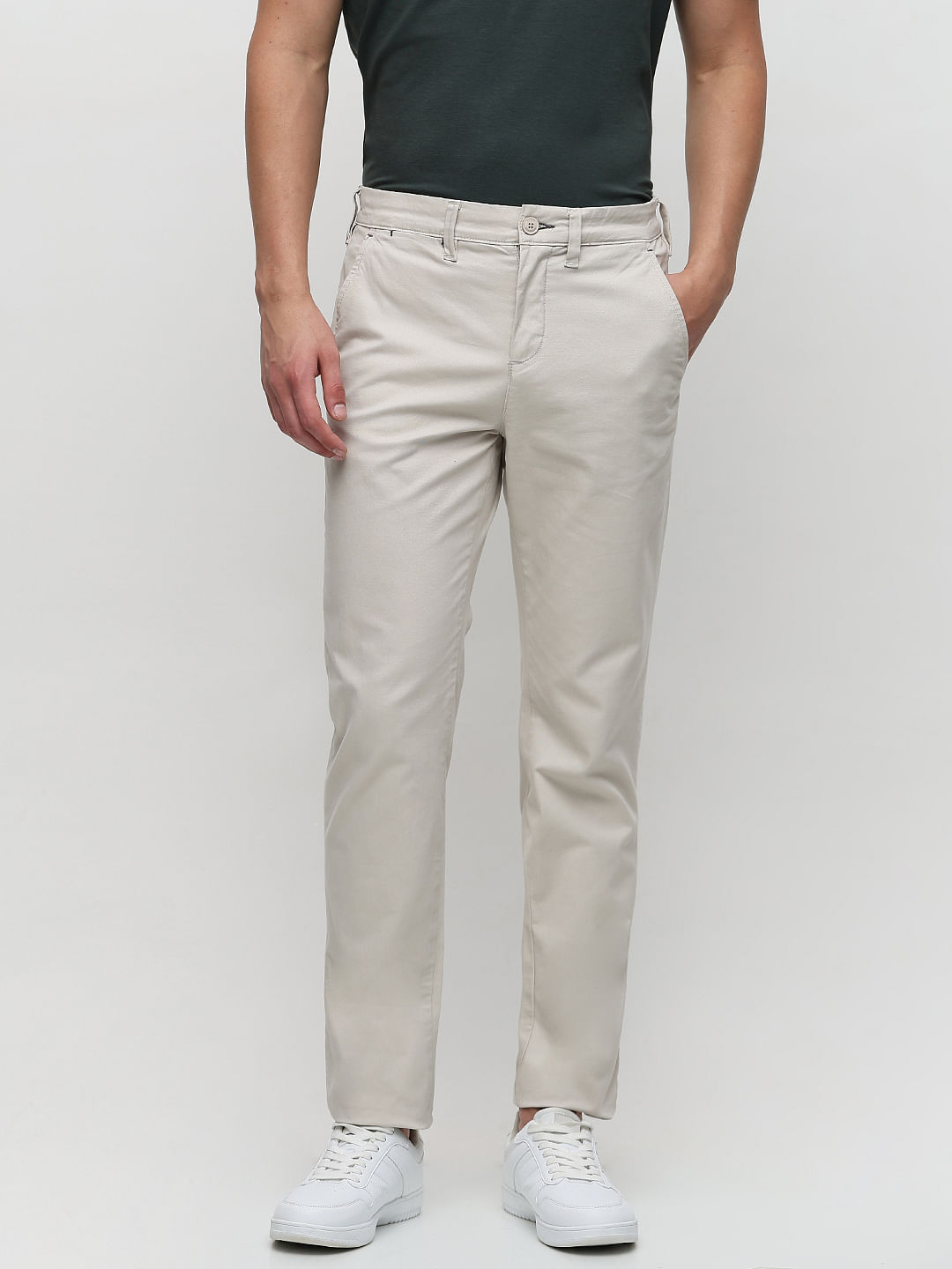 Buy Crimsoune Club Men Off-White Trousers in Slim Fit (30) at Amazon.in